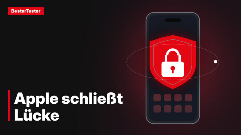 Illustration eines Smartphones mit rotem Schutzschild und weißem Vorhängeschloss als Symbol für ein Sicherheitsupdate, daneben der Schriftzug „Apple schließt Lücke“.