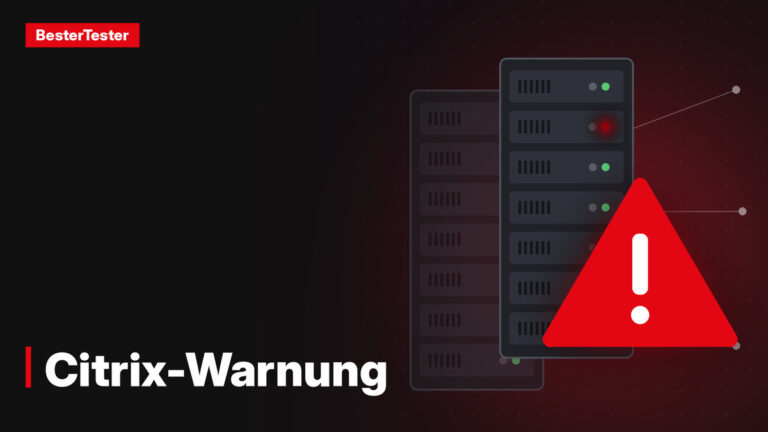 Illustration von Server-Racks mit roten Warnleuchten und einem großen roten Warndreieck mit Ausrufezeichen, daneben der Schriftzug „Citrix-Warnung“.