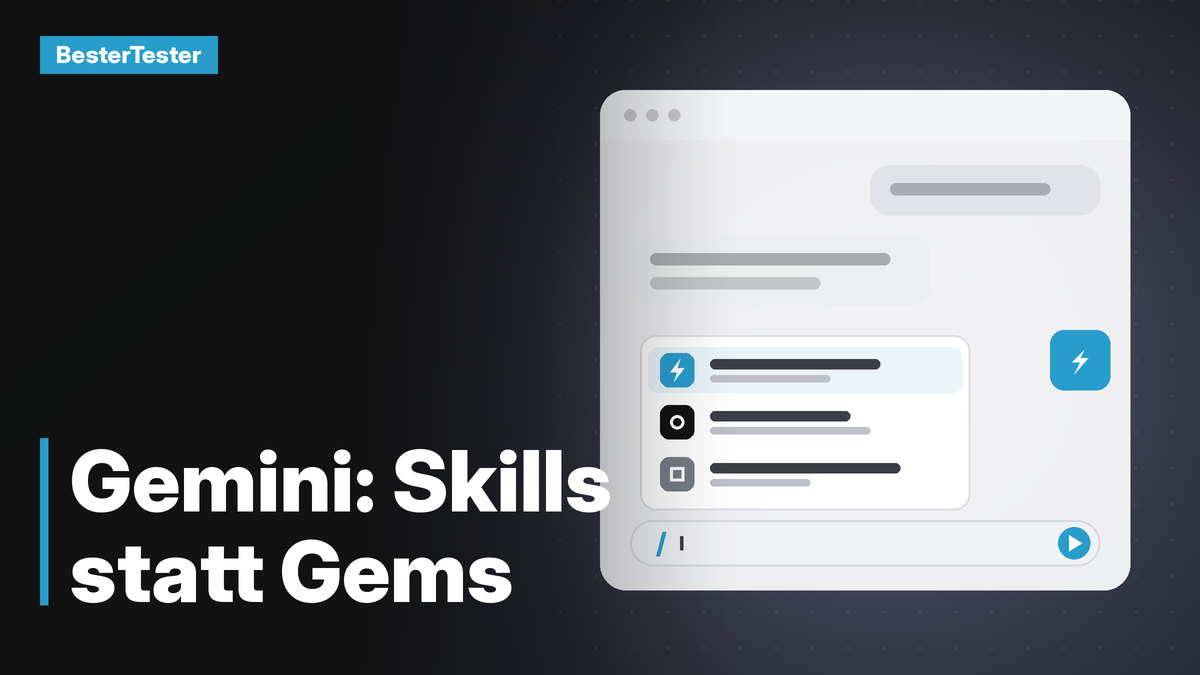 Abstrahiertes Chatfenster eines KI-Assistenten mit geöffnetem Schrägstrich-Menü und einer Auswahlliste von Skills, daneben der Schriftzug „Gemini: Skills statt Gems“.