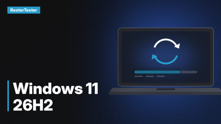 Illustration eines Laptops mit kreisförmigen Update-Pfeilen und hellblauem Fortschrittsbalken auf dem Bildschirm, daneben der Schriftzug „Windows 11 26H2“.