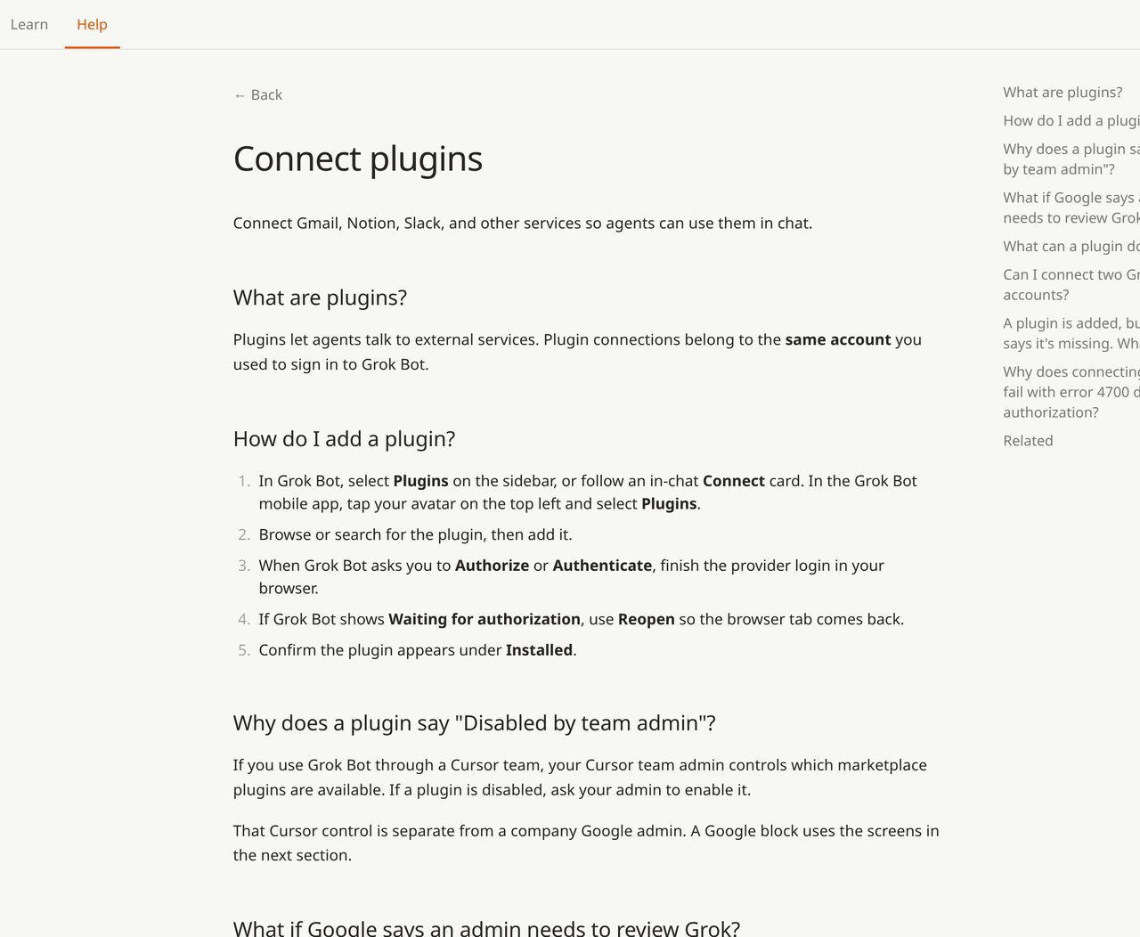 Hilfeseite von Cursor „Connect plugins“ mit den Schritten, ein Plugin für Grok Bot hinzuzufügen und anzumelden