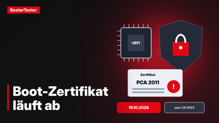 Grafik: UEFI-Chip, Schild mit Schloss und ablaufendes Zertifikat „PCA 2011“, Datum 19.10.2026
