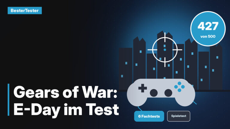 Grafik: stilisierter Gamecontroller vor einer zerstörten Stadtsilhouette mit Fadenkreuz, daneben ein blaues Wertungs-Badge „427 von 500“ und der Schriftzug „Gears of War: E-Day im Test“