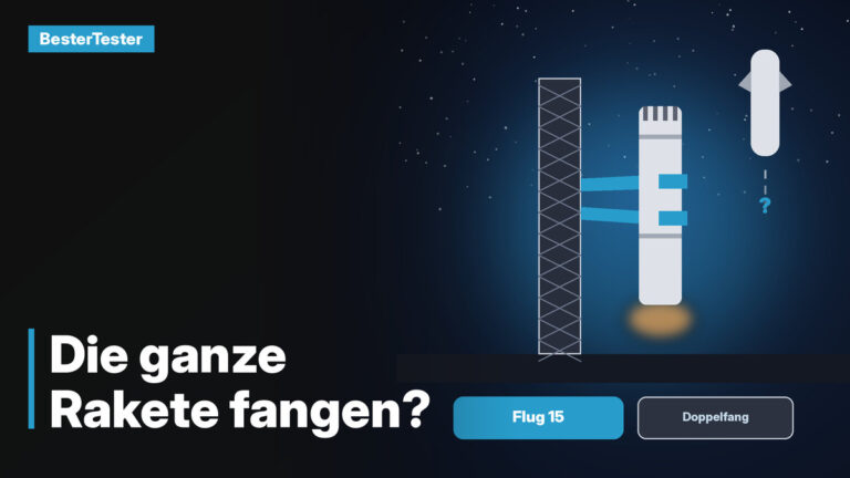 Grafik: Gitterturm mit zwei blauen Greifarmen, die eine Raketenstufe halten, rechts oben schwebt eine zweite Stufe mit Fragezeichen