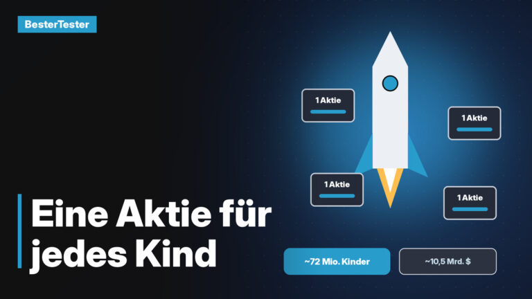 Grafik: Rakete umgeben von Aktien-Symbolen, daneben „~72 Mio. Kinder" und „~10,5 Mrd. $" – Elon Musk will jedem US-Kind eine SpaceX-Aktie schenken